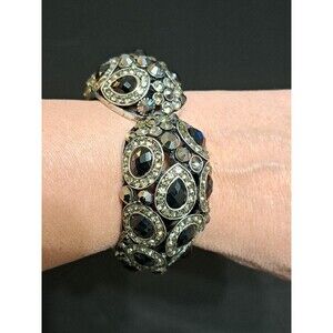 Stretch Cuff Bracelet Black & Clear Crystals w/ Silver Tone Hinged Metal